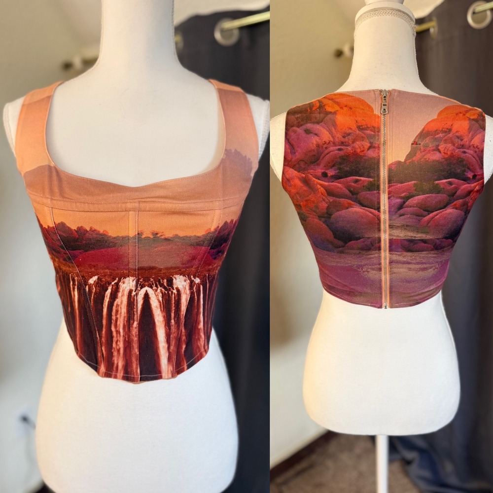 Miaou Campbell Oasis Corset Top Large Orange Desert Waterfall Landscape Boned - Picture 2 of 16